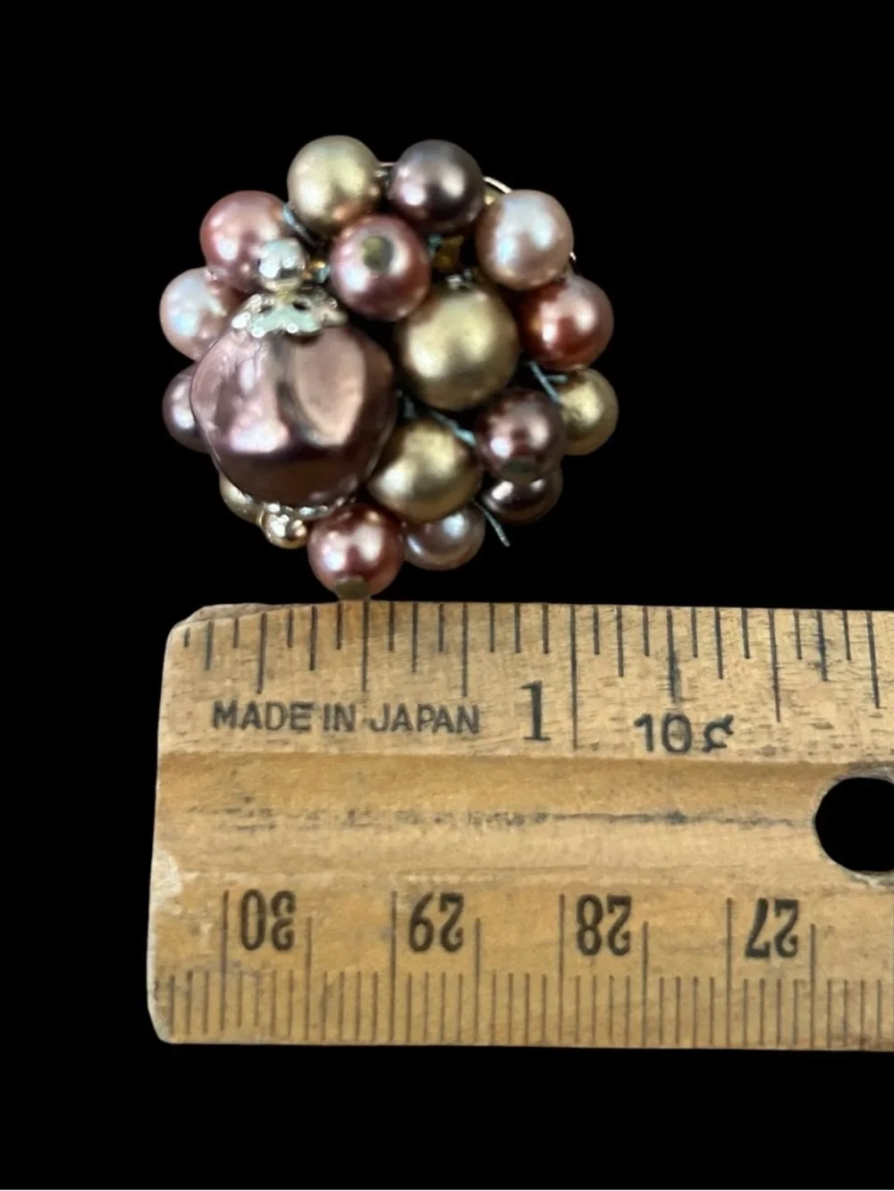 VTG MCM Beaded Pearl Cluster Clip On Earrings Shades of Brown Marked Japan 1